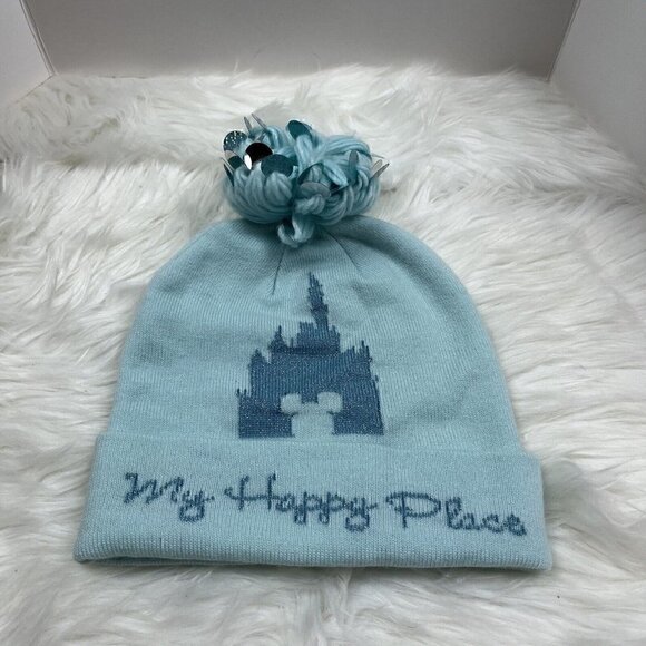 DISNEY PARKS Arendelle Aqua Pom Pom Beanie Winter Hat Cap My Happy Place - Picture 1 of 7
